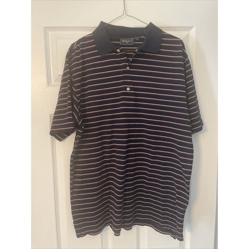 Bobby Jones Players Polo Golf Shirt Size Medium Navy Blue Striped 100% Cotton